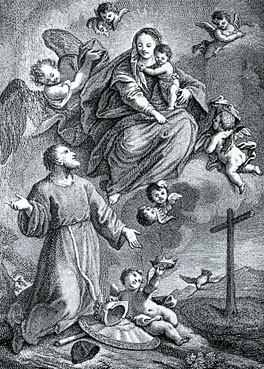 Incisione rappresentante San Costanzo e la Vergine Maria.