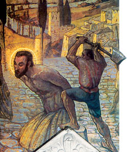 Martirio di San Cristoforo, Jacques Martin Ferrieres (1930), Javel - Parigi. Le fonti dicono che Cristoforo trovò il martirio nella città di Samone, in Licia.